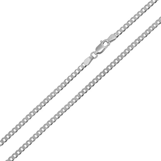 '3 MM Flat Curb' In Sterling Silver, Rhodium Plated