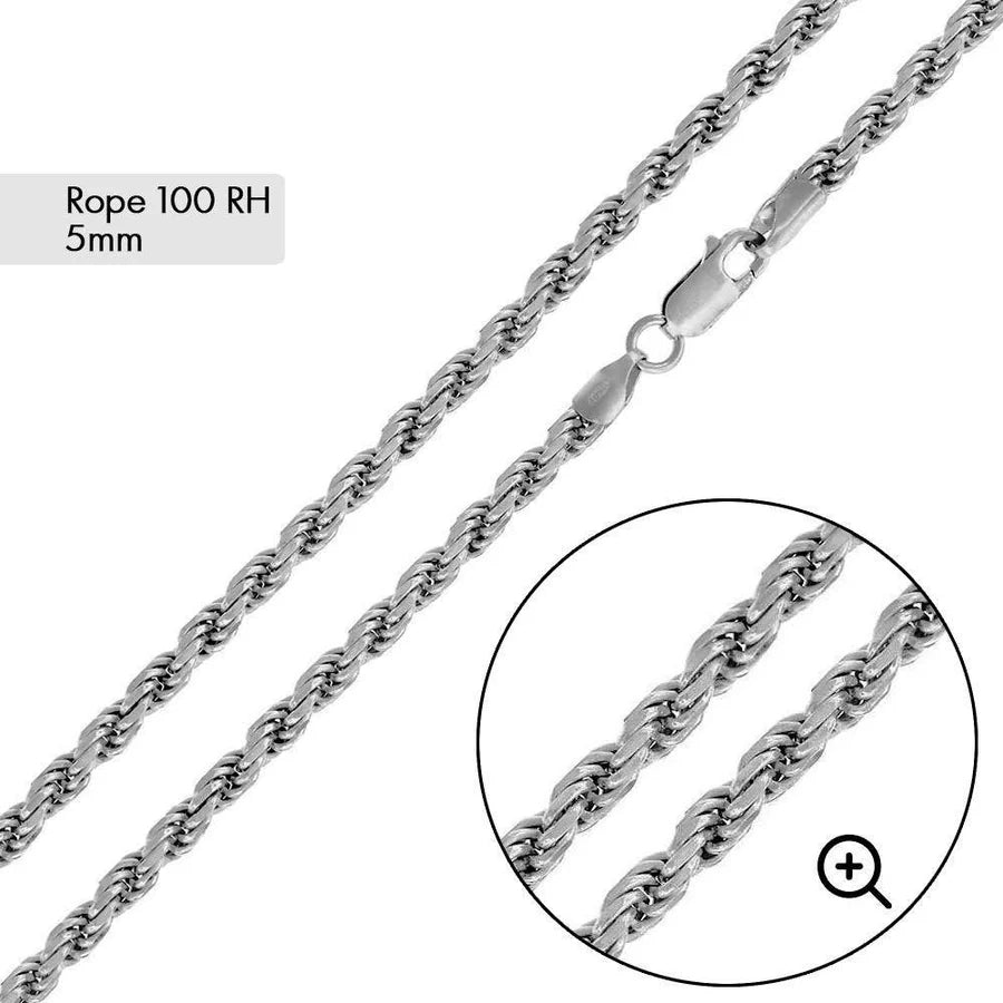 '5 MM Rope' In Sterling Silver, Rhodium Plated